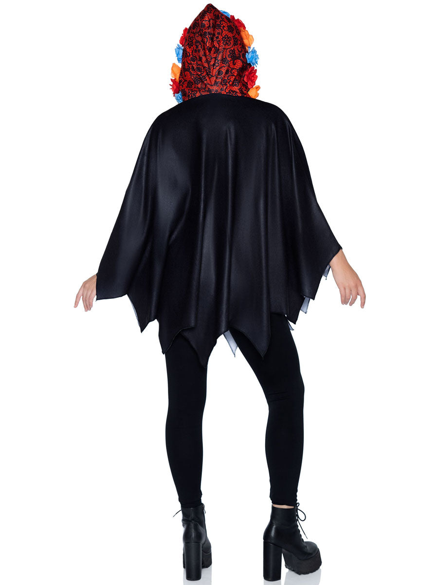 Womens Black Day Of The Dead Halloween Costume Poncho Back Image