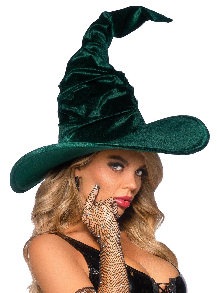 Deep Emerald Green Velvet Twisted Witch Halloween Hat Alternate Image