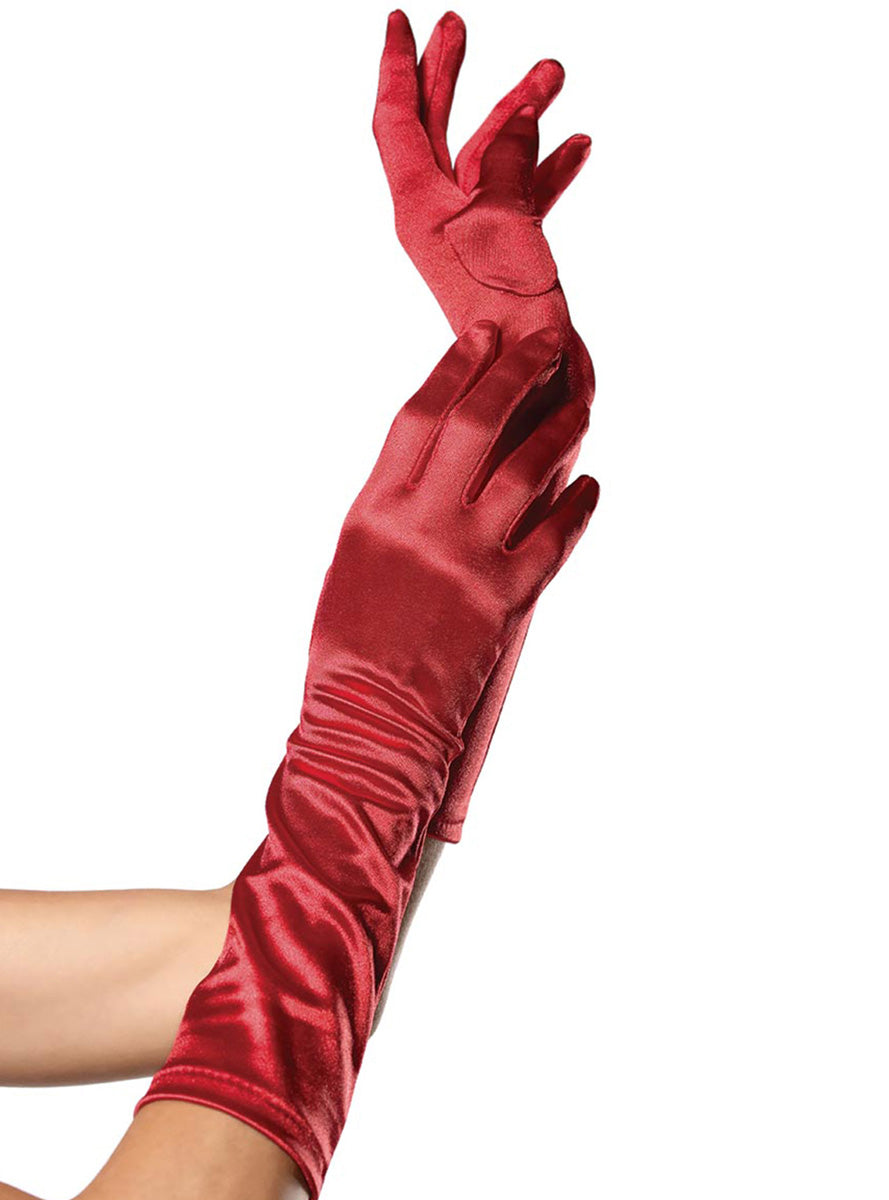 Elbow Length Womens Red Satin Costume Gloves