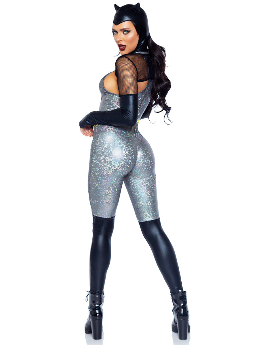 Womens Sexy Silver Feline Felon Holographic Catsuit Costume Back Image