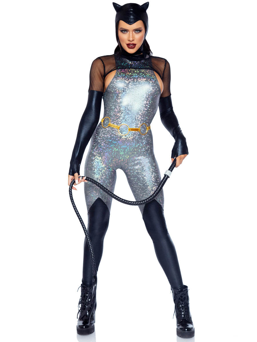 Womens Sexy Silver Feline Felon Holographic Catsuit Costume Main Image