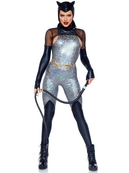 Womens Sexy Silver Feline Felon Holographic Catsuit Costume Main Image