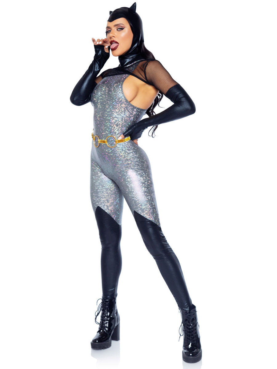 Womens Sexy Silver Feline Felon Holographic Catsuit Costume Side Image