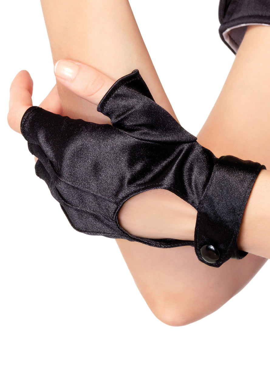 Fingerless Black Satin Womens Motorcycle Costume Gloves Close Image 1