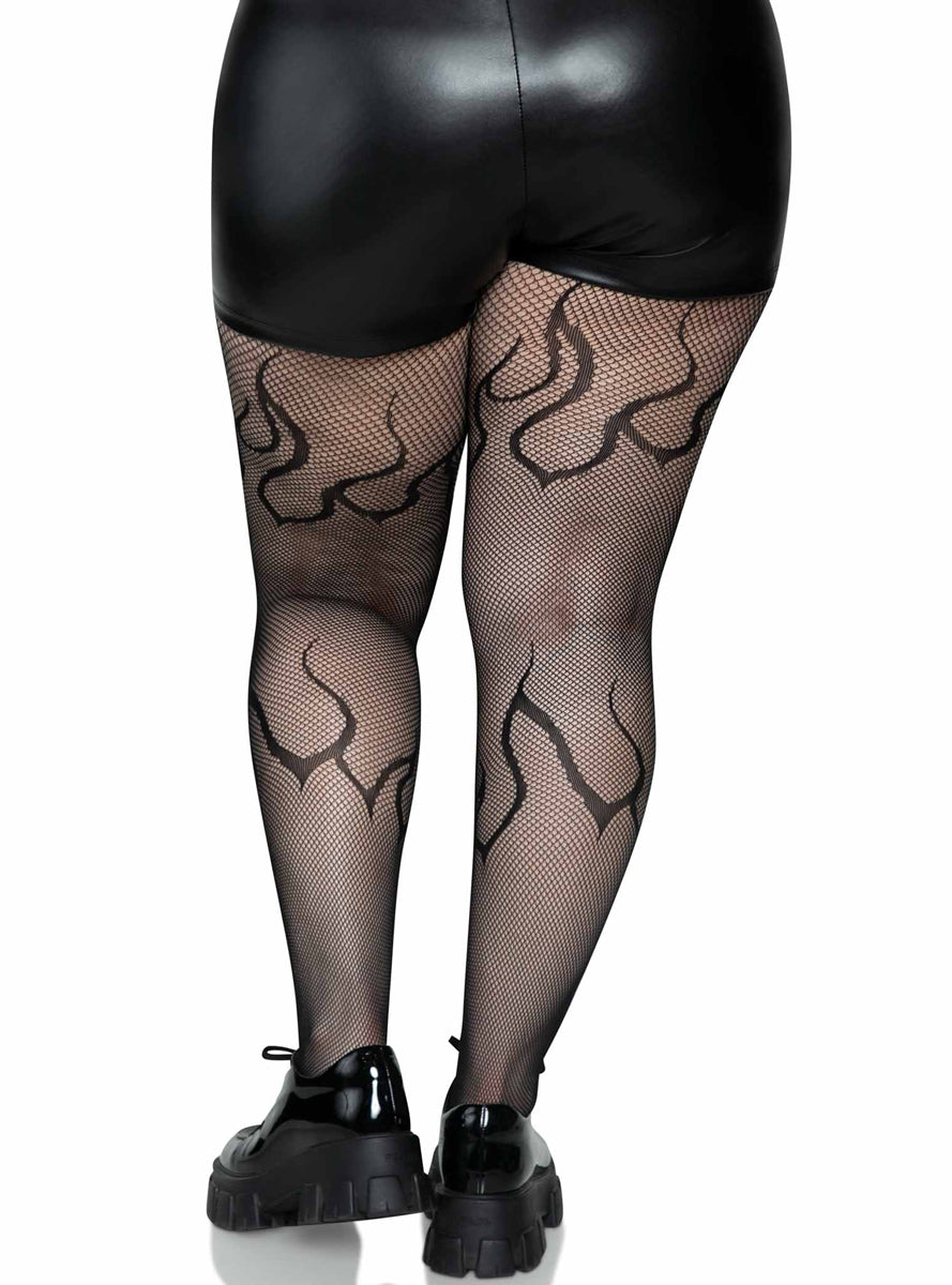 Plus Size Womens Black Flame Net Halloween Costume Tights Back Image