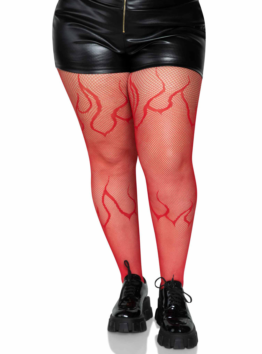 Plus Size Womens Red Flame Net Halloween Costume Tights Main Image