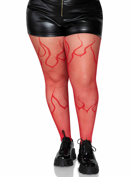 Plus Size Womens Red Flame Net Halloween Costume Tights Main Image