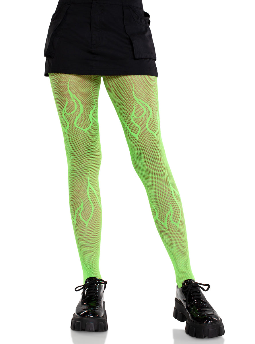 Womens Neon Green Flame Net Halloween Costume Tights Alternative Image