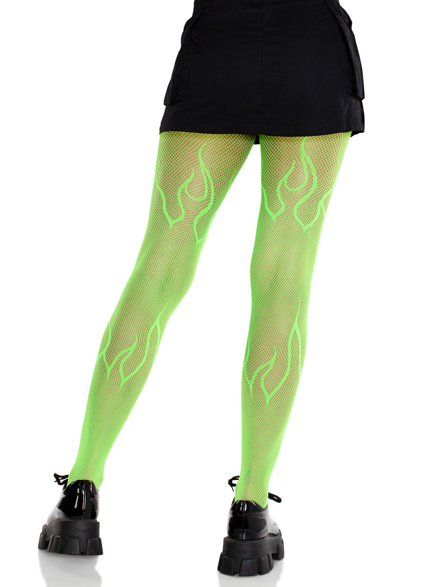 Womens Neon Green Flame Net Halloween Costume Tights Back Image