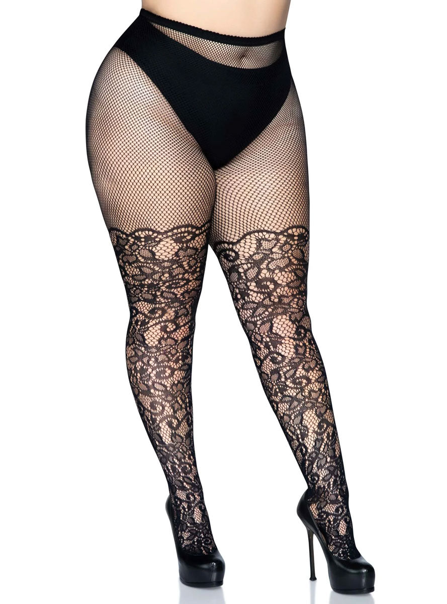 Plus Size Womens Black Floral Vine Net Stockings Main Image