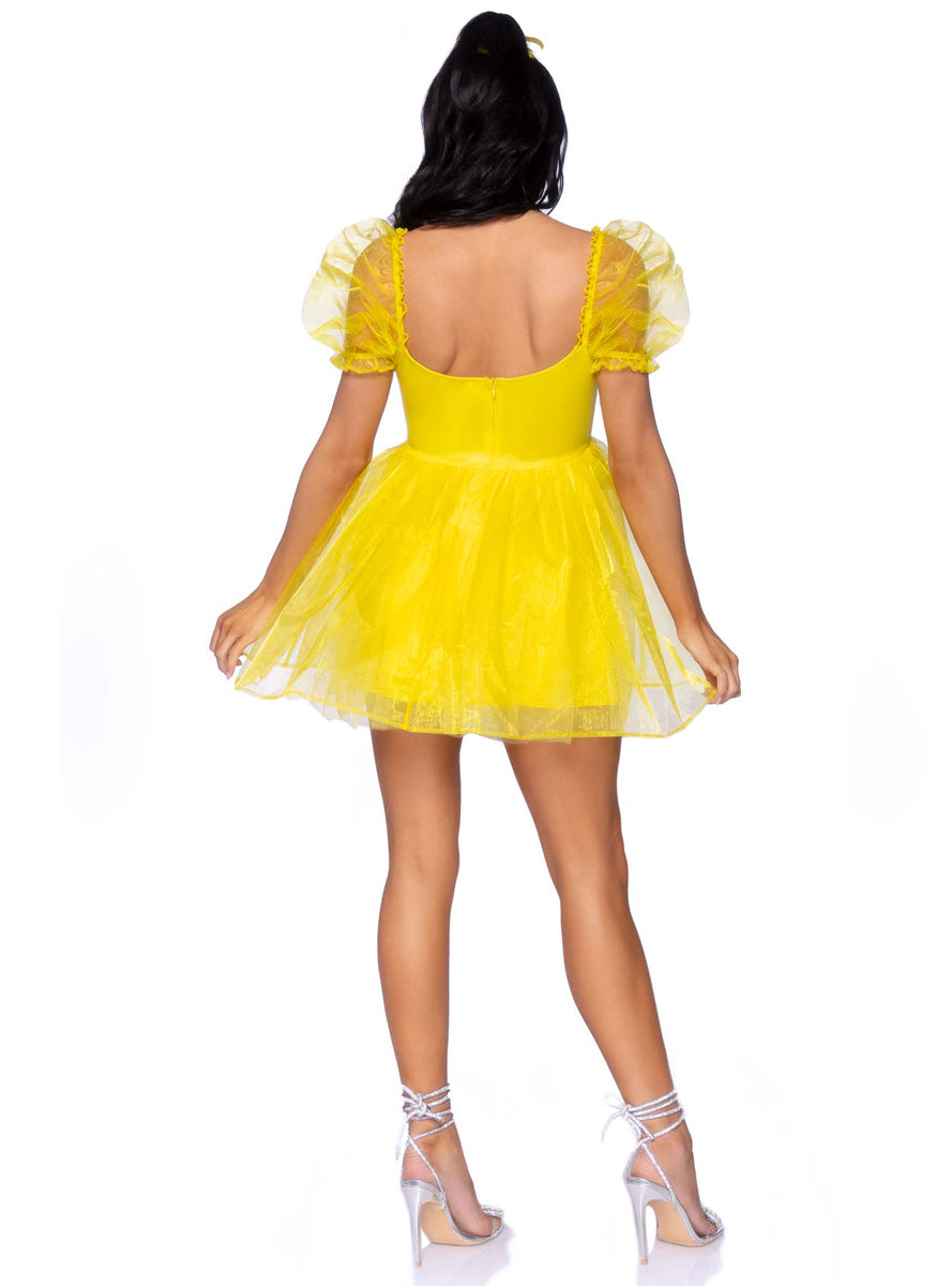 Frosted Organza Womens Yellow Princess Puff Costume Dress Back Image