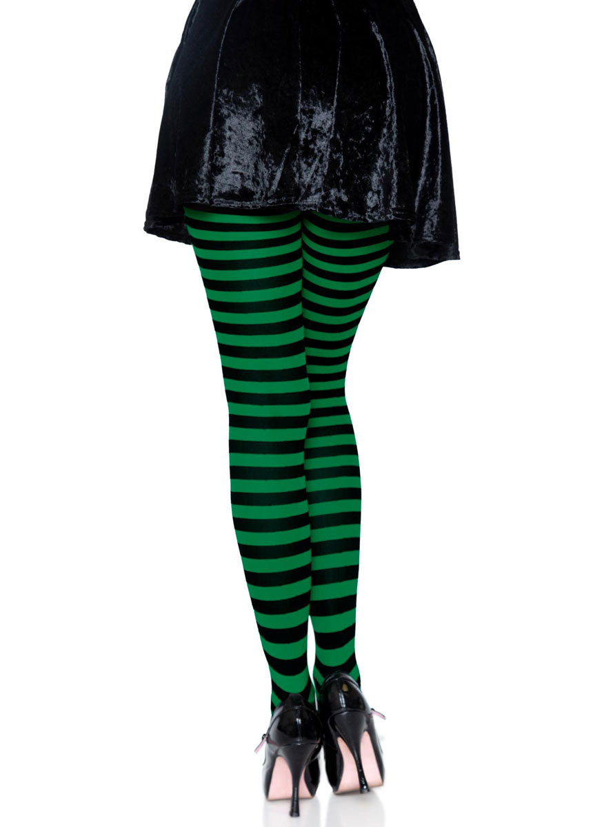 Womens Black And Kelly Green Full Length Striped Costume Stockings Back Image