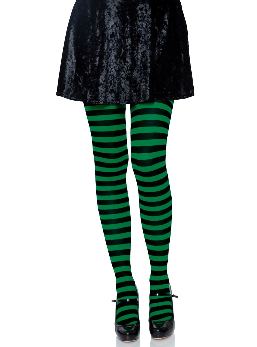 Womens Black And Kelly Green Full Length Striped Costume Stockings Main Image