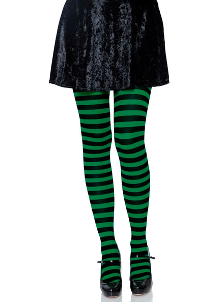 Womens Black And Kelly Green Full Length Striped Costume Stockings Main Image