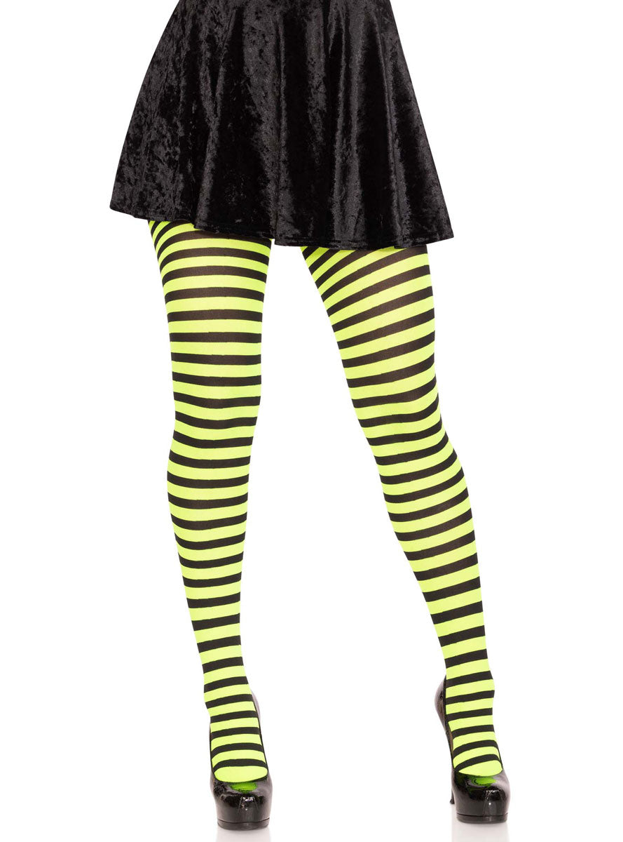 Womens Black And Lime Green Full Length Striped Costume Stockings Main Image