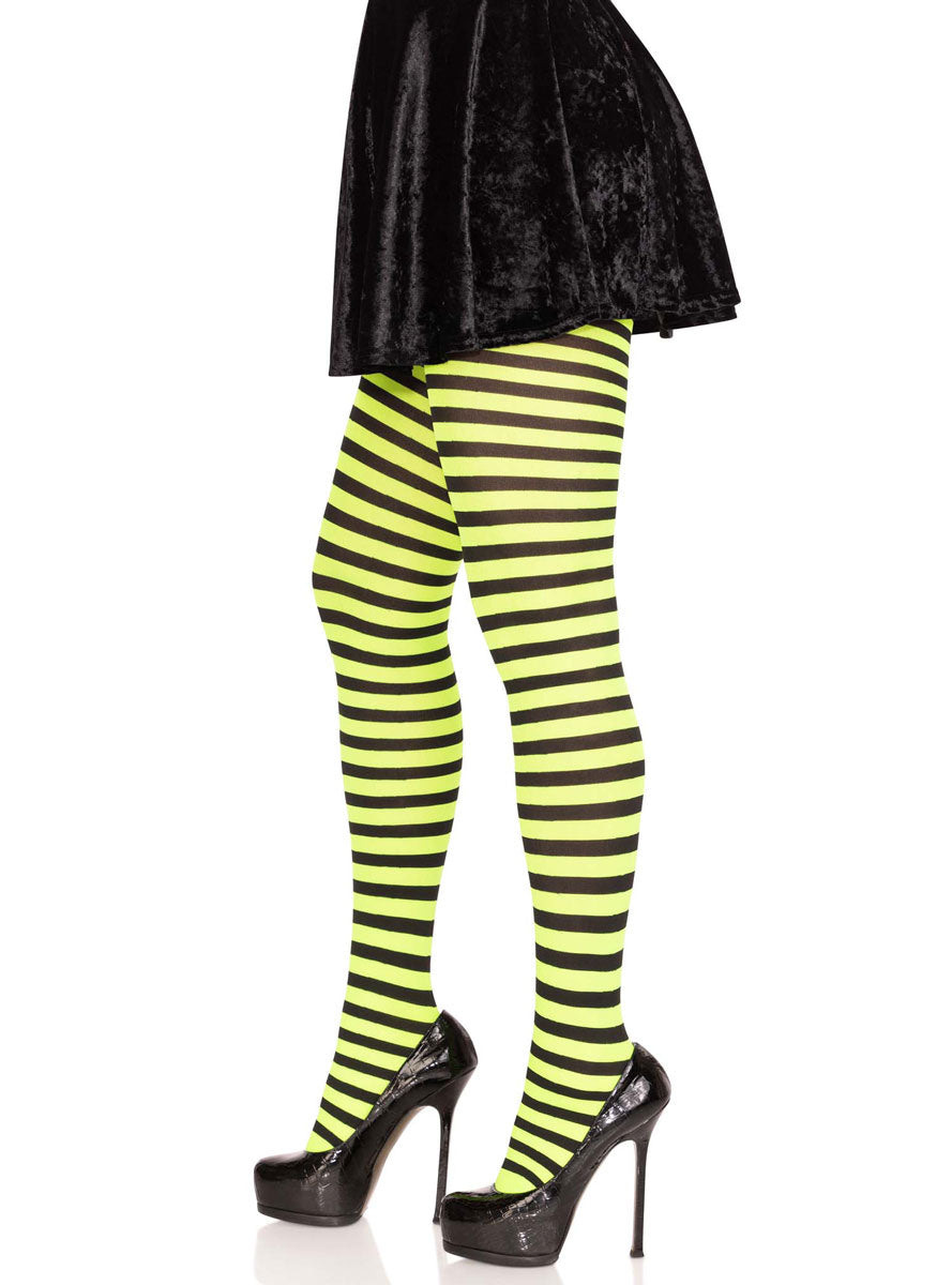 Womens Black And Lime Green Full Length Striped Costume Stockings Side Image