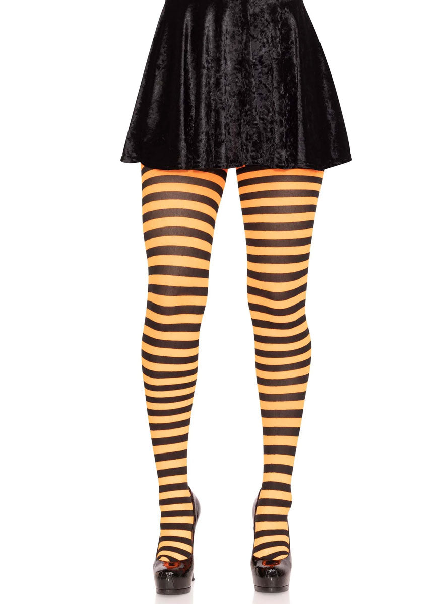 Womens Black And Orange Full Length Striped Costume Stockings Main Image
