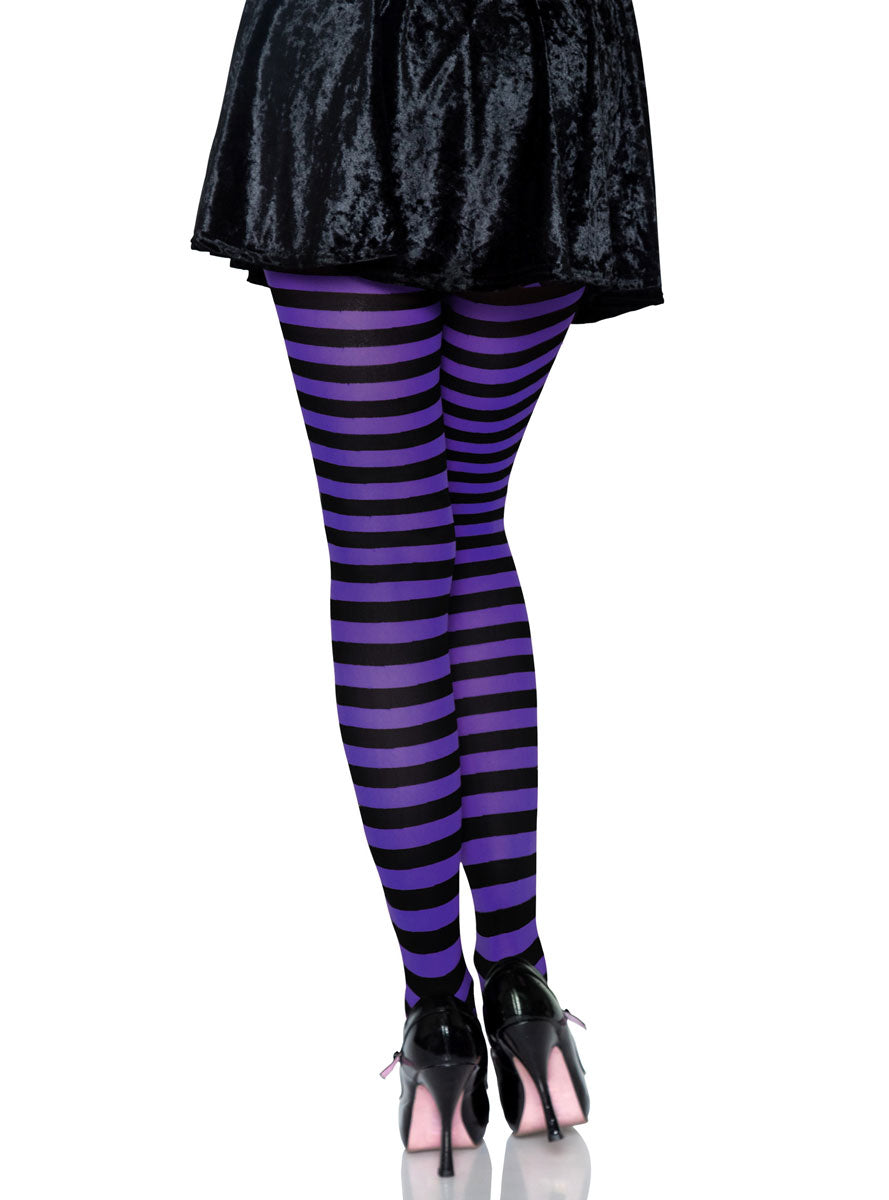 Womens Black And Purple Full Length Striped Costume Stockings Back Image