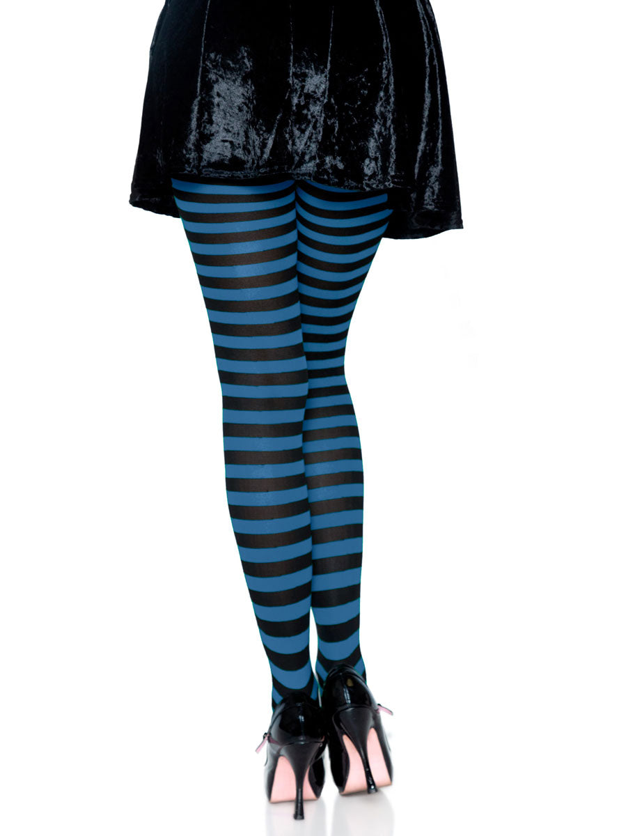 Womens Black And Royal Blue Full Length Striped Costume Stockings Back Image