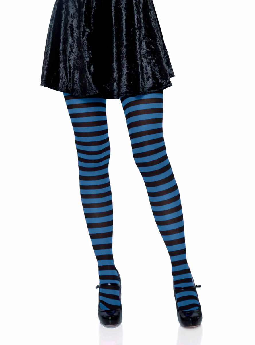 Womens Black And Royal Blue Full Length Striped Costume Stockings Main Image