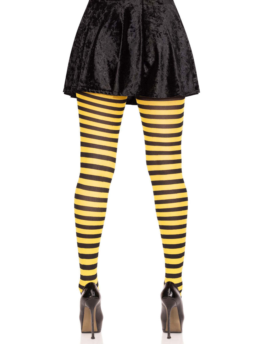 Womens Black And Yellow Full Length Striped Costume Stockings Back Image