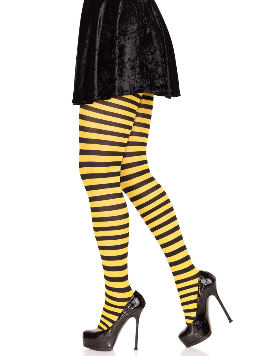 Womens Black And Yellow Full Length Striped Costume Stockings Side Image