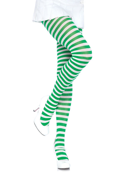 Womens White And Kelly Green Full Length Striped Costume Stockings