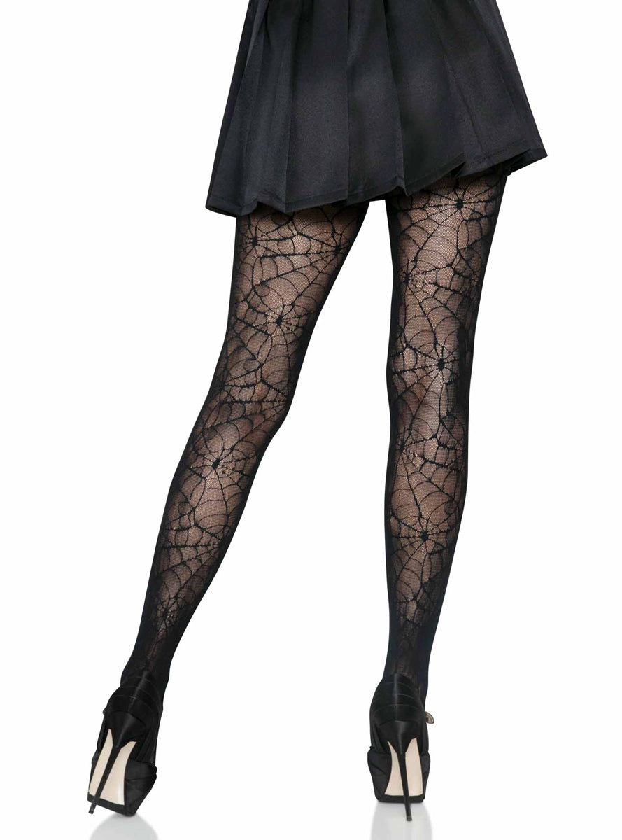 Spiderweb Full Length Black Halloween Costume Stockings - Back Image