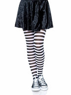 Women's Black and White Striped Full Length Halloween Pantyhose - Main Image