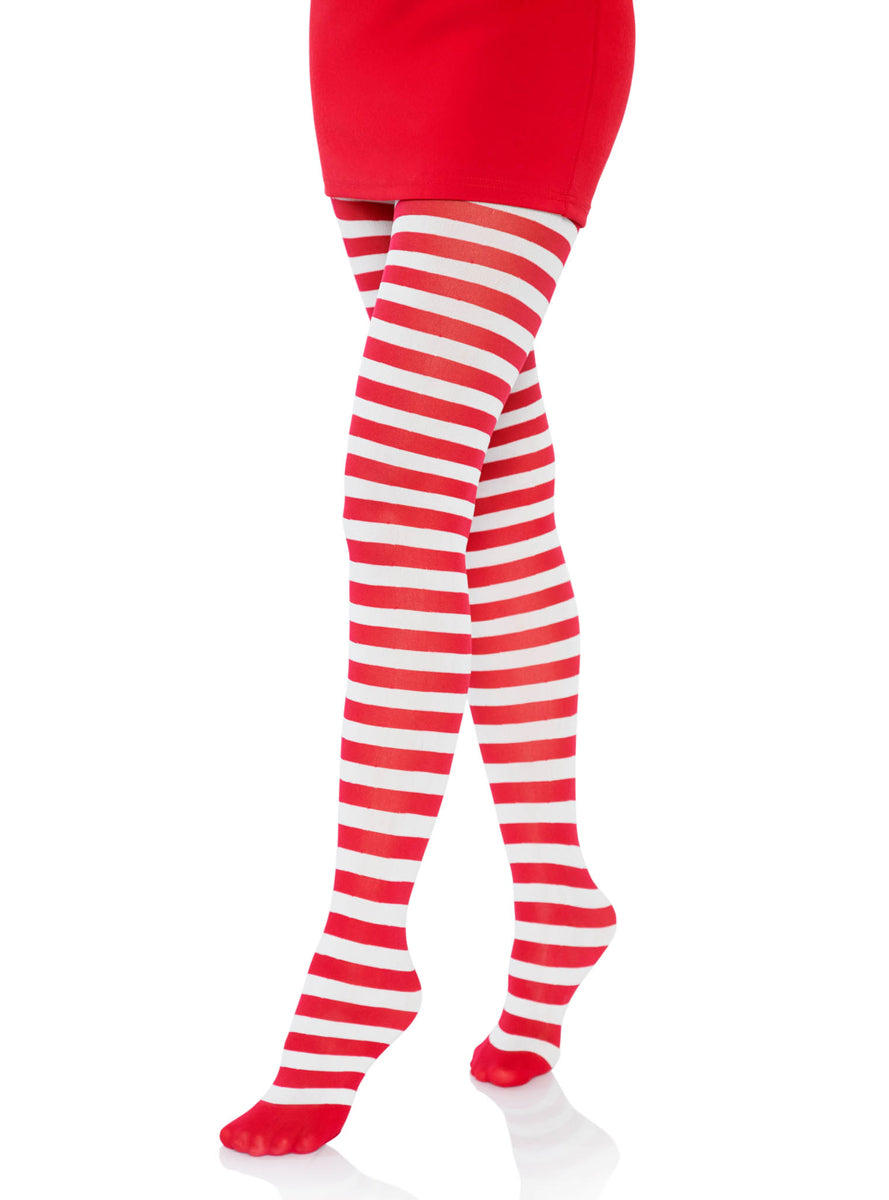 Women's Red and White Striped Full Length Halloween And Christmas Pantyhose - Alternate Image