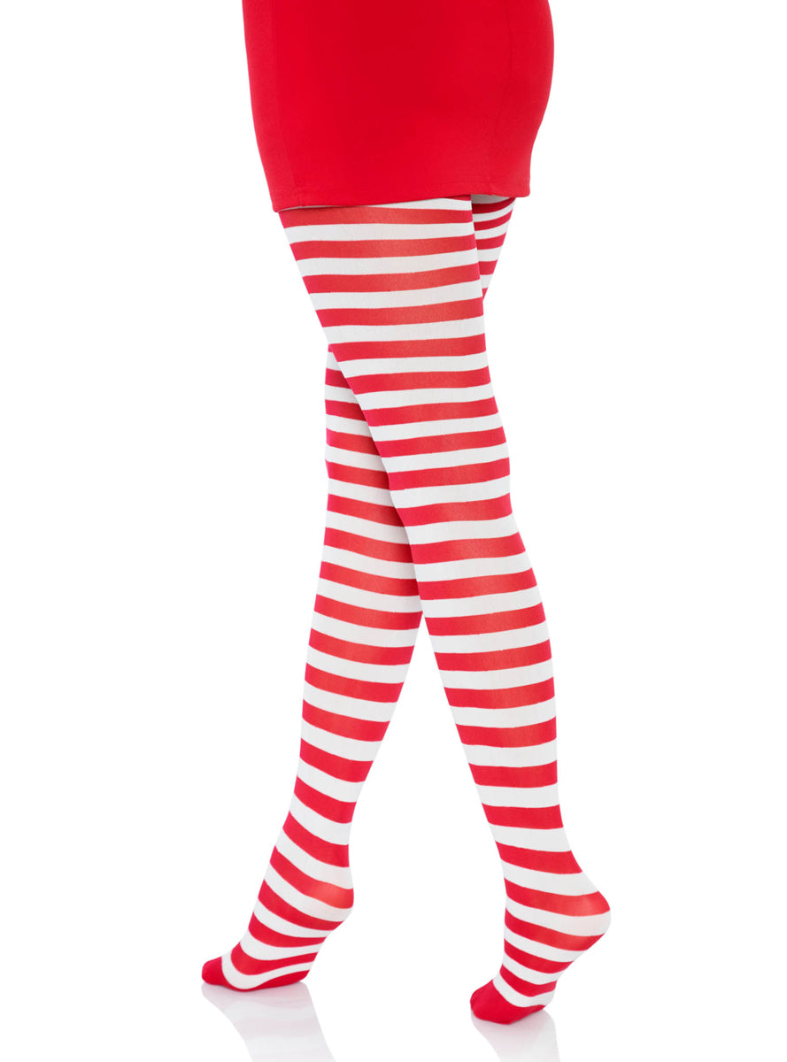 Women's Red and White Striped Full Length Halloween And Christmas Pantyhose - Back Image