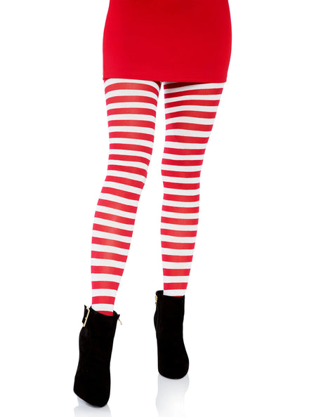 Women's Red and White Striped Full Length Halloween And Christmas Pantyhose - Main Image