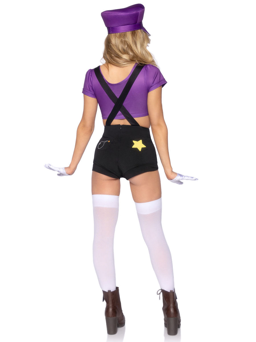 Womens Sexy Purple Gamer Baddie Waluigi Costume Back Image