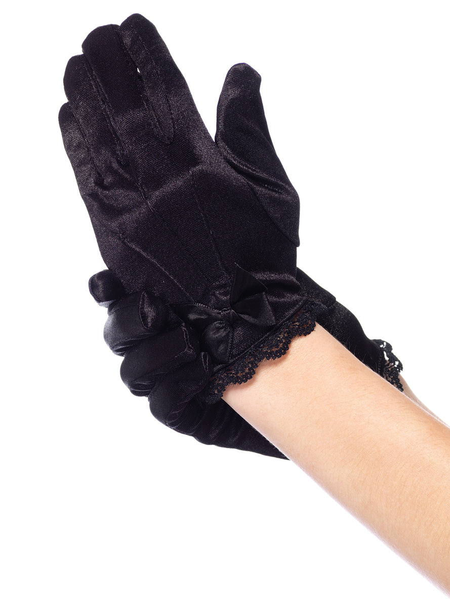 Girls Black Lace Trimmed Satin Costume Gloves With Bows Alternative Image