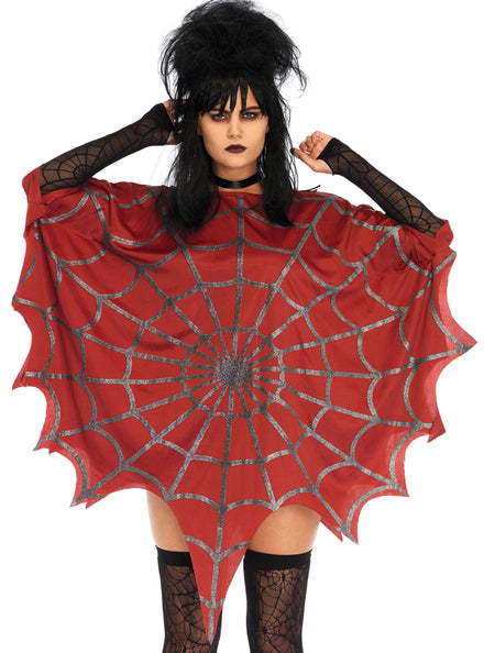 Womens Red Glitter Spider Web Halloween Costume Poncho Main Image
