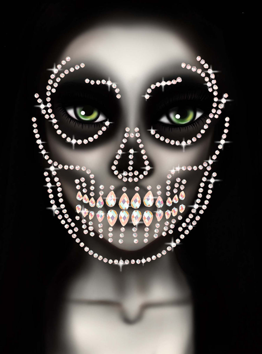 Womens Glow In The Dark Skull Halloween Costume Face Jewels Alternative Image