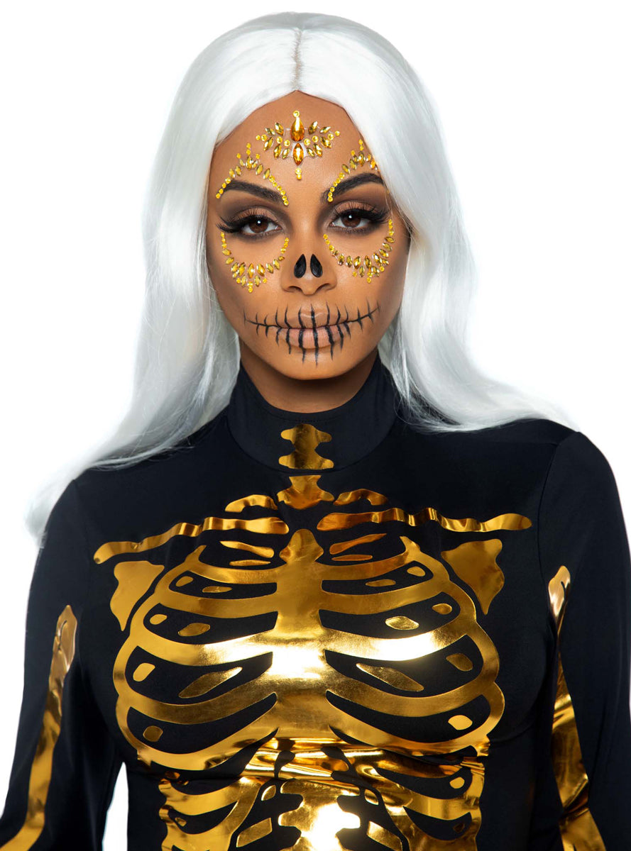 Womens Gold Sugar Skull Halloween Costume Face Jewels Alternative Image 1