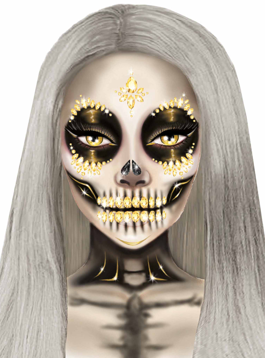 Womens Gold Sugar Skull Halloween Costume Face Jewels Alternative Image 2