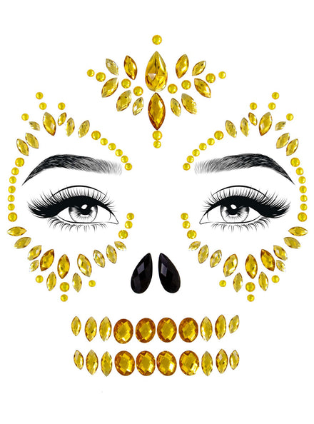 Womens Gold Sugar Skull Halloween Costume Face Jewels Main Image