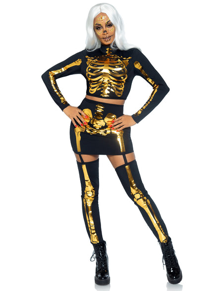 Womens Sexy Golden Skeleton Halloween Costume Main Image
