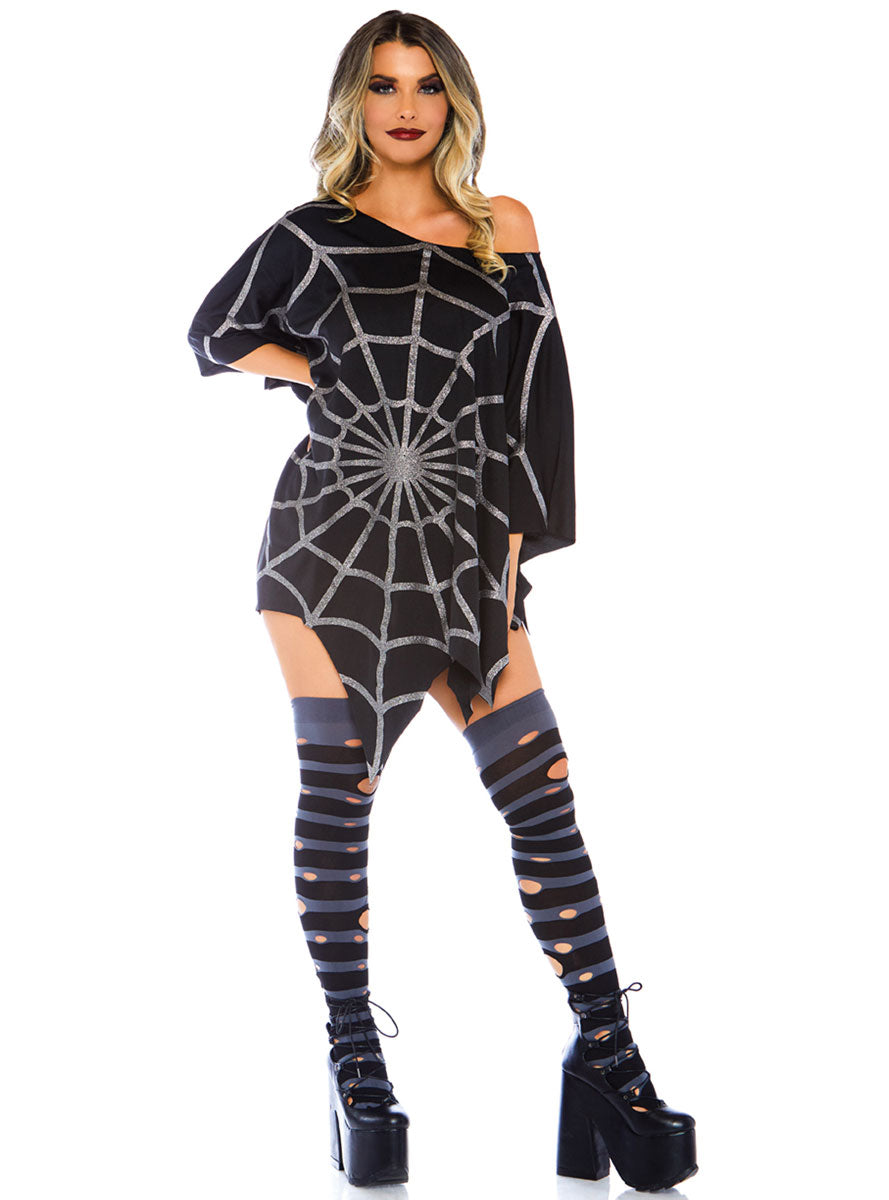 Black and Sliver Womens Glittery Spiderweb Costume Poncho - Alternate Image