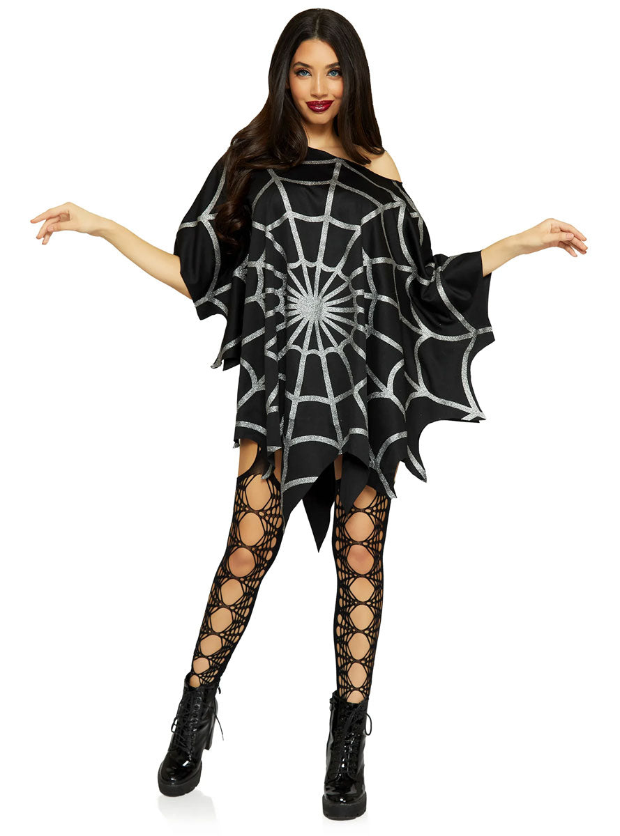 Black and Sliver Womens Glittery Spiderweb Costume Poncho - Main Image
