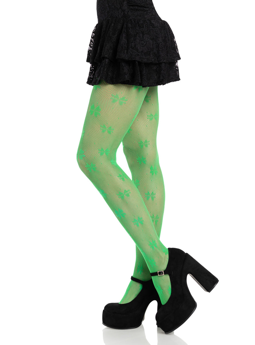 Womens Green Clover Net Irish Costume Stockings Side Image