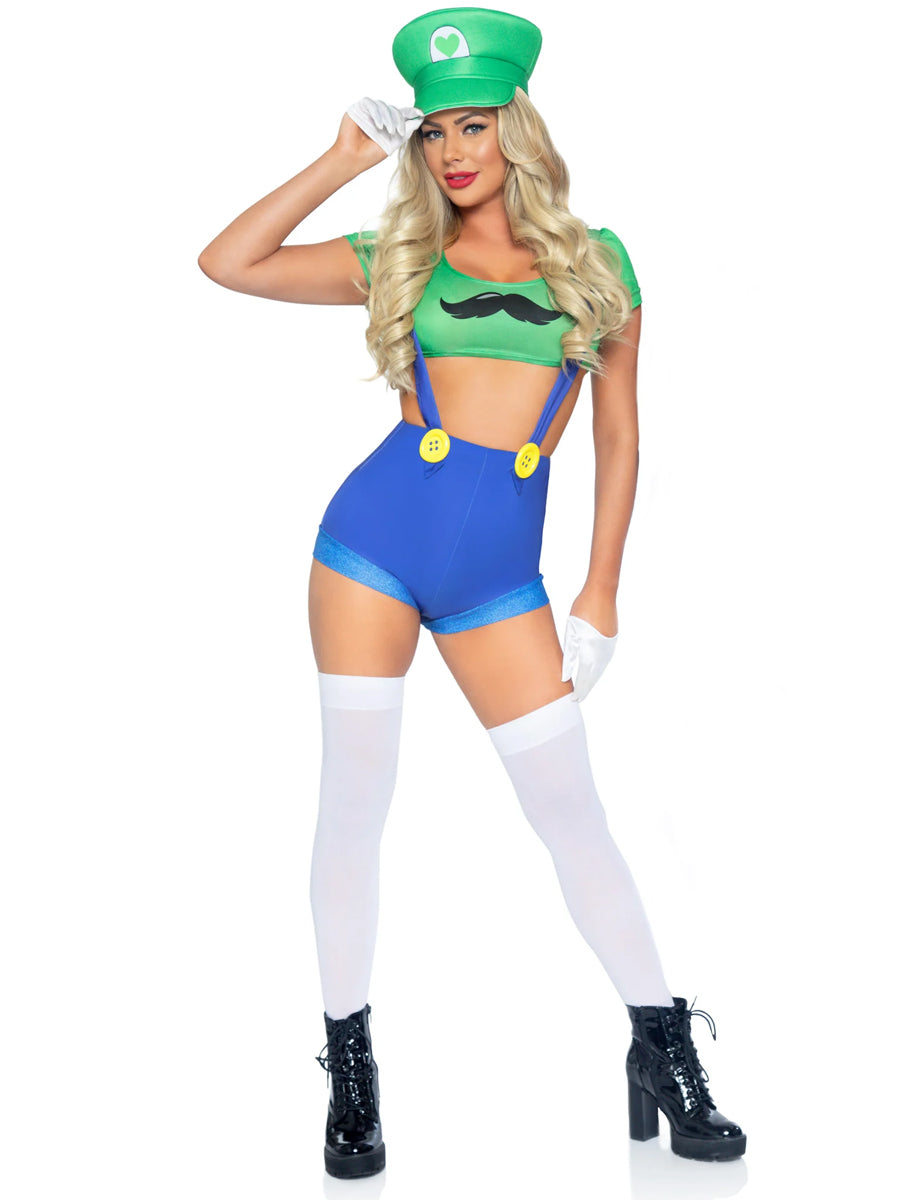 Womens Sexy Green Gamer Sidekick Luigi Costume Main Image