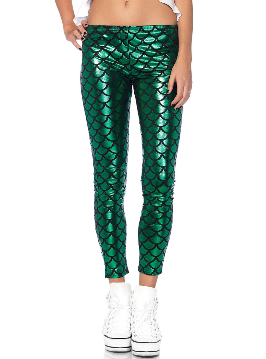 Womens Green Mermaid Scale Print Costume Leggings