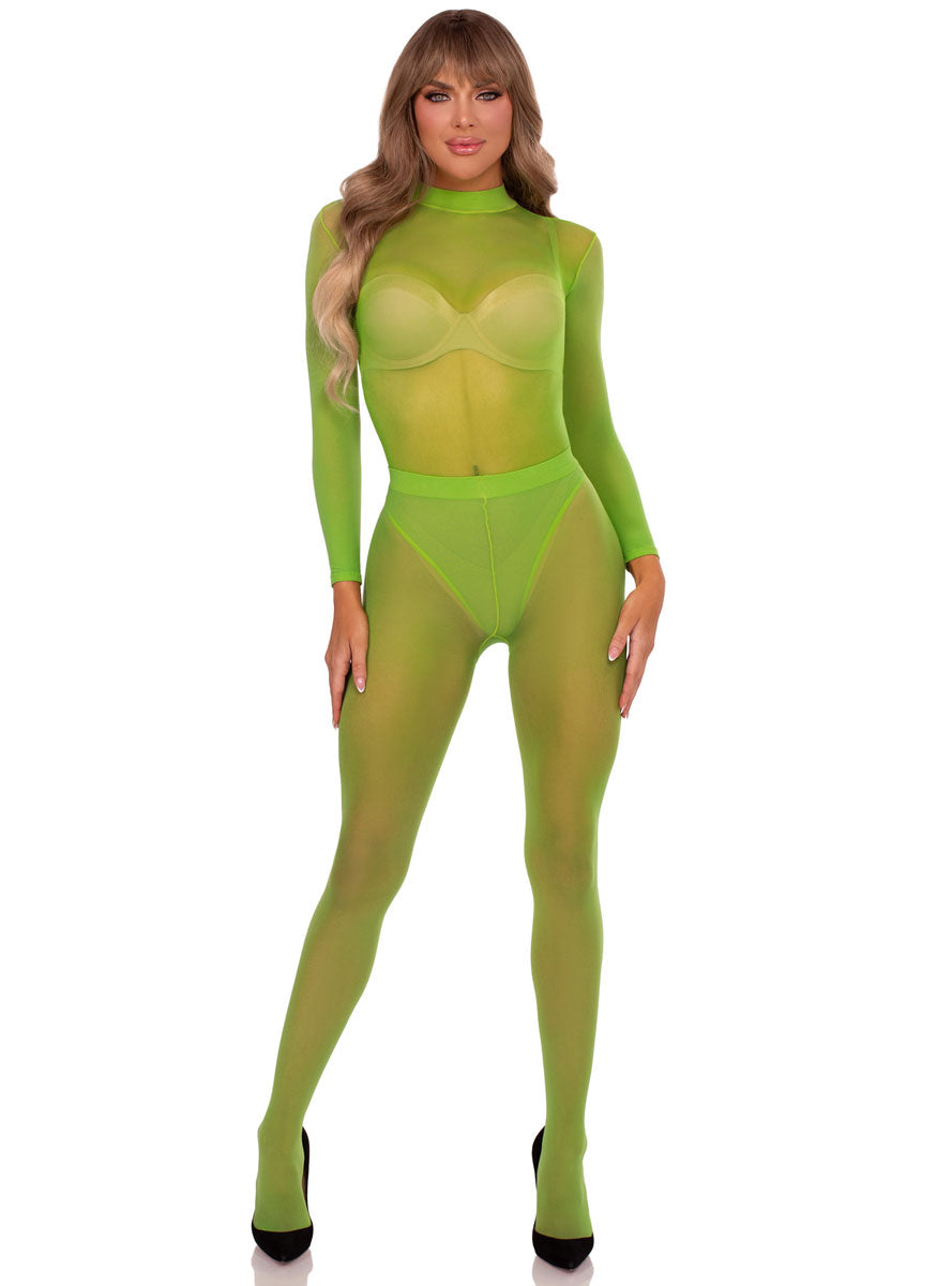 Womens Green Sheer Mesh Long Sleeve Bodysuit And Tights Set Main Image