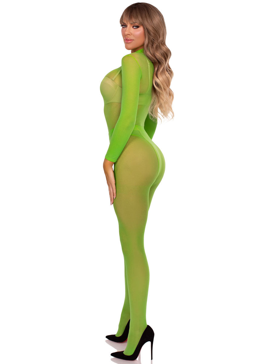 Womens Green Sheer Mesh Long Sleeve Bodysuit And Tights Set Side Image