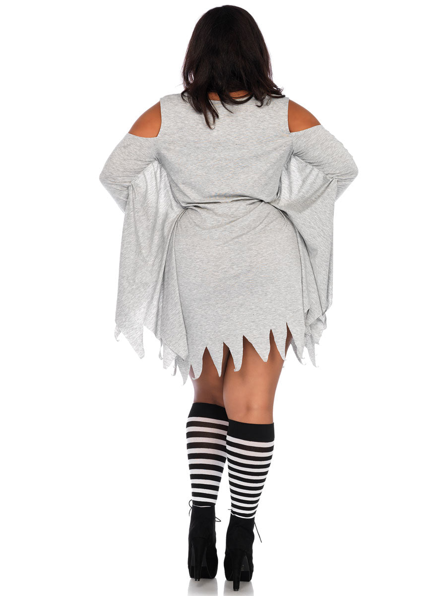 Plus Size Womens Grey Ghost Face Halloween Costume Dress Back Image