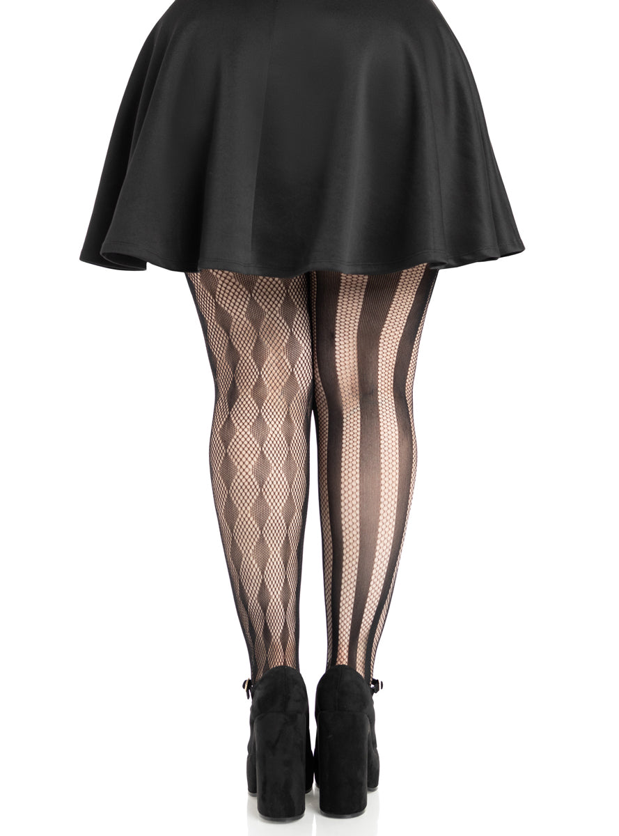 Plus Size Womens Black Harlequin Net Full Length Costume Tights Back Image