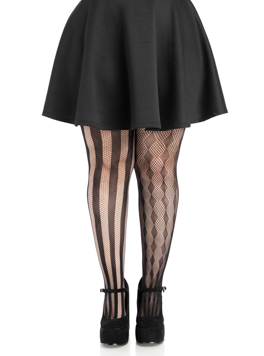 Plus Size Womens Black Harlequin Net Full Length Costume Tights Main Image